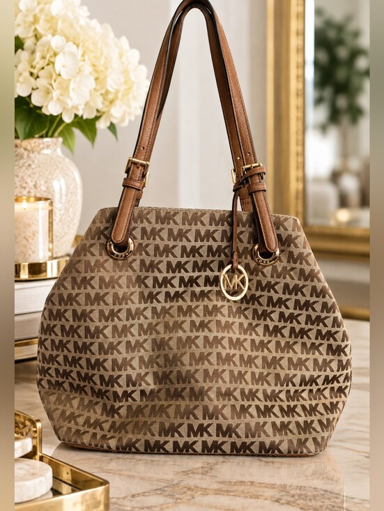Michael Kors Handbags - Michael Kors MK Signature Jacquard Brown Large Tote Shoulder Bag